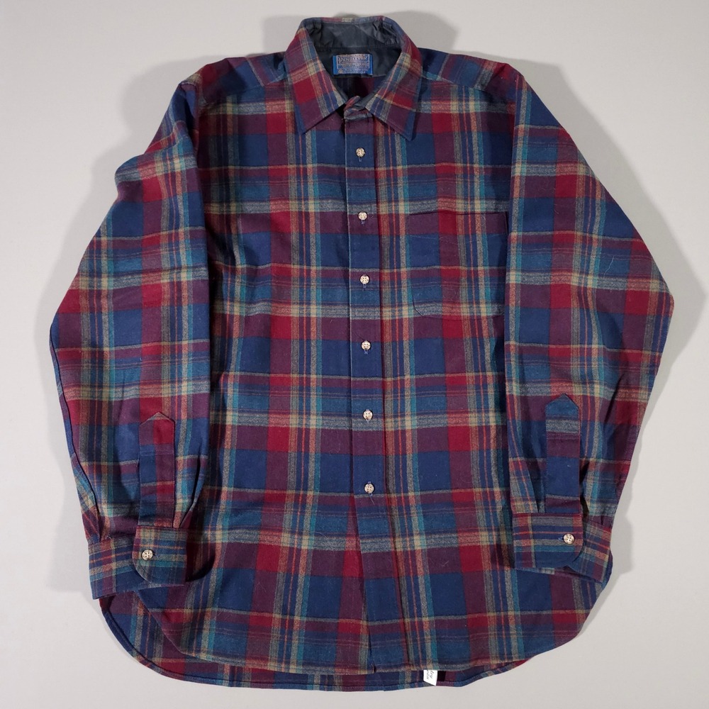 Pendleton Button Down Shirt Mens L Blue Red Plaid Wool Long Sleeve USA Made